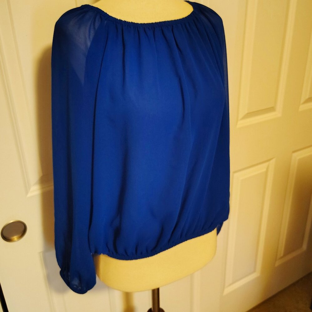 Calvin Klein Blouse Top Sheer Blue Button Back 3/4 Sleeve Office Formal